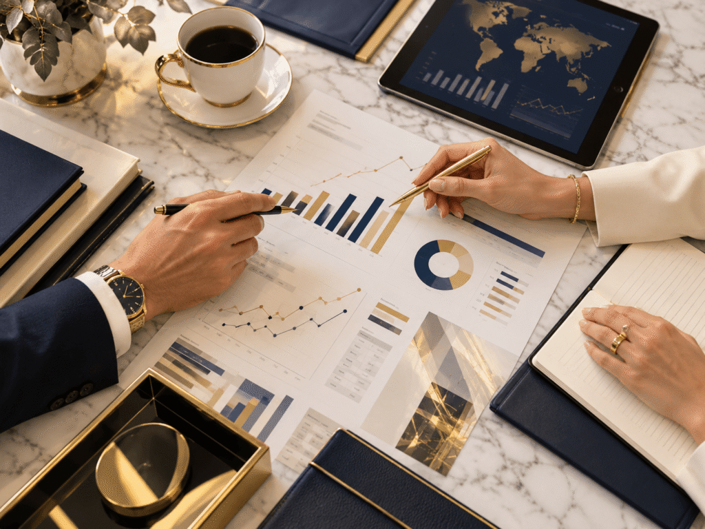 Análise de relatórios financeiros e gráficos sobre uma mesa de trabalho